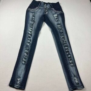 La Bonita USA Jeans Womens 9 Skinny Fit Blue Distressed Denim Embellished Pocket